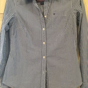 Blue and white gingham button down blouse.